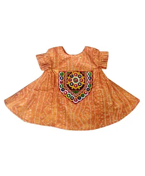 Aglare Navratri Theme Short Sleeves Bandhani & Mirror Embellished Patch Detail Dress - Yellow