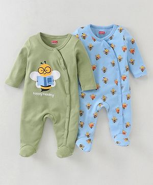 Babyhug Cotton Full Sleeves Sleep Suit Bee Print Pack of 2 - Blue Green
