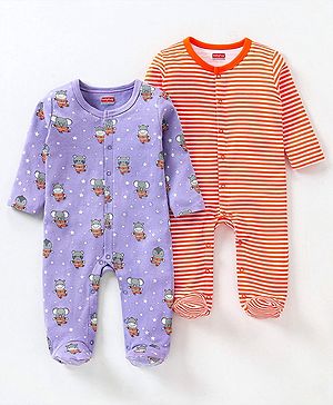 Babyhug Full Sleeves Sleep Suit Striped and Elephant Print Pack of 2 - Orange & Purple