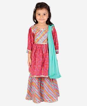 CHAKORI Three Fourth Sleeves Bandhej & Leheriya Gota Work Flared Kurta & Sharara With Dupatta - Pink