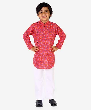 CHAKORI Full Sleeves Bandhej Kurta & Solid Pajama Set - Pink & White