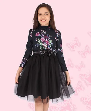 Cutecumber Full Sleeves Roses & Leaf Printed Bodice Fit & Flare Dress - Black