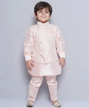 AJ Dezines Full Sleeves Solid Kurta & Pajama With Lattice Zari Embroidered Jacket - Peach