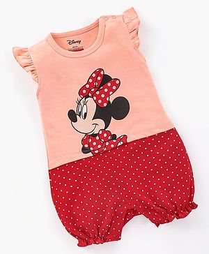 Babyhug 100% Cotton Frill Sleeves Romper Dot & Minnie Mouse Print- Red