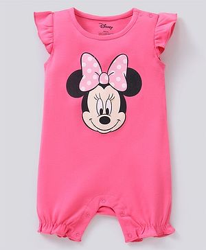 Babyhug 100% Cotton Flutter Sleeves Minnie Mouse Print Romper - Pink