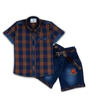 AJ Dezines Half Sleeves Checkered Shirt With Denim Shorts - Brown