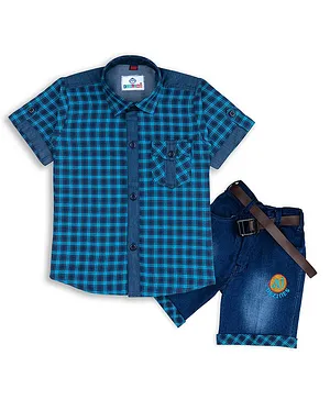 AJ Dezines Half Sleeves Checkered Shirt With Denim Shorts - Turquoise Blue