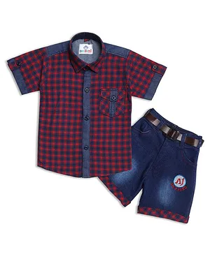 AJ Dezines Half Sleeves Checkered Shirt With Denim Shorts - Red