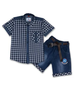 AJ Dezines Half Sleeves Checkered Shirt With Denim Shorts - Navy Blue