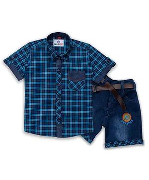 AJ Dezines Half Sleeve Checkered Shirt & Shorts Set - Turquoise Blue