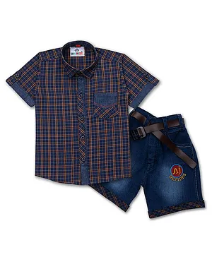 AJ Dezines Kids Half Sleeves Checkered Shirt & Shorts Set - Blue