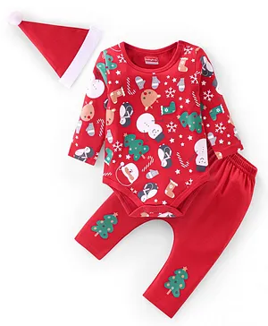 Babyhug 100% Cotton Full Sleeves Onesie & Legging with Cap Christmas Theme - Red