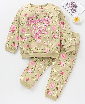 Babyhug Cotton Knit Full Sleeves Top and Lounge Pant Floral Print - Grey