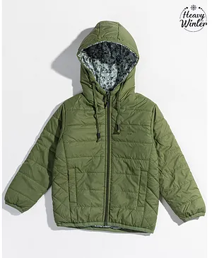 Okane Full Sleeves Solid Heavy Winter Wear Reversible Puffer Jacket - Olive Green