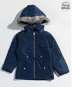 Okane Full Sleeves Hooded Parka Jacket with Faux Fur Solid - Denim Blue
