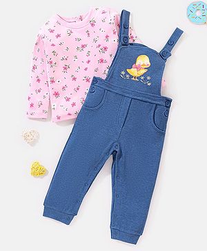 Babyhug 100% Cotton Full Sleeves T-Shirt With Dungaree Floral Print - Pink & Indigo