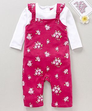 Babyhug Cotton Full Sleeves Solid Tee & Dungaree Set Floral Print - White