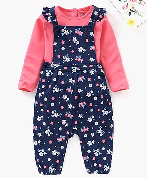 Babyhug Cotton Full Sleeves Solid Tee & Dungaree Set Floral Print - Pink