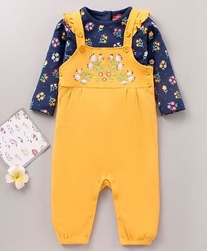 Babyhug 100'% Cotton Full Sleeves Dungaree Style Romper With Inner Tee Floral Print - Blue Yellow