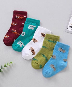 Cute Walk by Babyhug Anti Bacterial Ankle Length Non Terry Socks Animal Print Pack of 5 Pair - Multicolour
