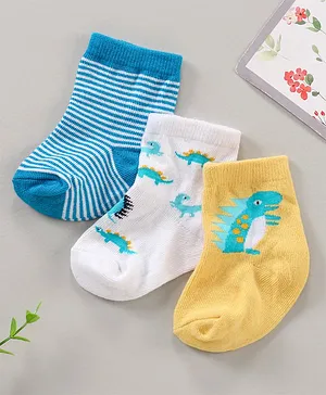 Cute Walk by Babyhug Anti Bacterial Ankle Length Striped Socks Dinosaur Print Pack of 3 - Multicolor
