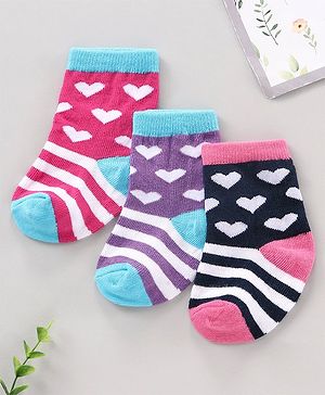 Cute Walk by Babyhug Anti Bacterial Ankle Length Striped Socks Heart Design Pack of 3 - Multicolor
