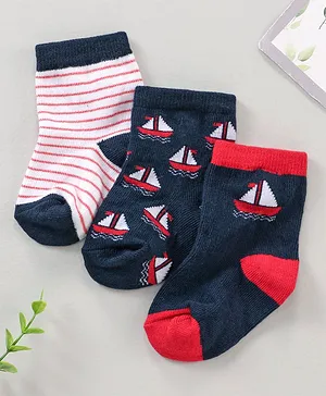 Cute Walk by Babyhug Anti Bacterial Ankle Length Striped Socks Boat Print Pack of 3 - Multicolor