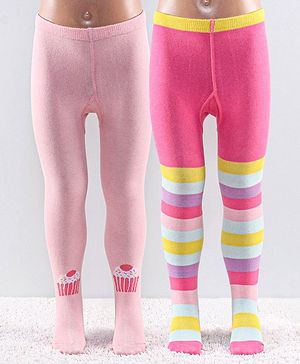 Cutewalk by Babyhug Anti Bacterial Footed Tights Striped Pack Of 2 - Pink