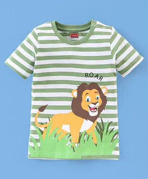 Babyhug Cotton Jersey Half Sleeves Striped T-Shirt Lion Print - White & Green