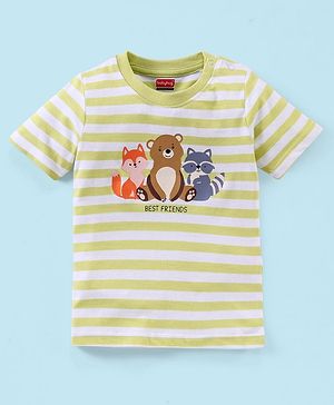 Babyhug Cotton Jersey Half Sleeves Striped T-Shirt Bear Print - White & Light Green