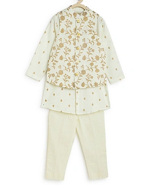 Tiber Taber Full Sleeves Floral Print Kurta With Waistcoat And Pyjama - Cream