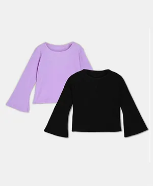 BuzzyBEE Pack Of 2 Full Bell Sleeves Solid Ribbed Tops - Lavender & Black