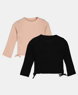 BuzzyBEE Pack Of 2 Full Sleeves Solid Ribbed Side Draw Detail Tops - Peach & Green