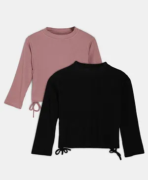 BuzzyBEE Pack Of 2 Full Sleeves Solid Ribbed Side Draw Detail Tops - Pink & Black