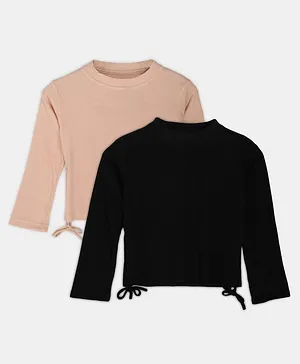 BuzzyBEE Pack Of 2 Full Sleeves Solid Ribbed Side Draw Detail Tops - Peach & Black