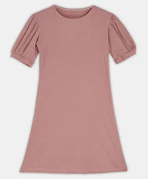 BuzzyBEE Half Puffed Sleeves Solid Ribbed A Line Dress - Pink