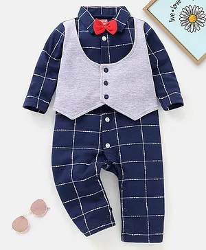 Babyhug Cotton Full Sleeves Checks Shirt With A Bow - Orange Navy