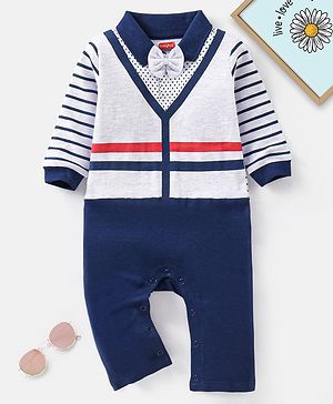 Babyhug Cotton Full Sleeves Romper With Bow Stripes & Dot Print- Navy Blue