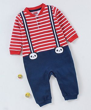 Babyhug Cotton Full Sleeves Striped Romper With Panda Patch- Red