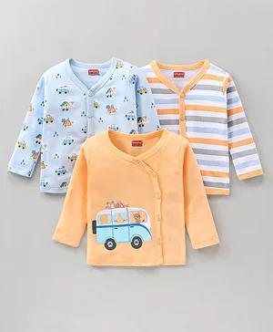 Babyhug 100% Cotton Knit Full Sleeves Vests Pack of 3 Stripes & Buses Print - Orange Blue