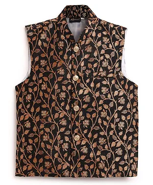 AJ Dezines Sleeveless All Over Vintage Leaf Woven Design Detailed Ethnic Jacquard Jacket - Black