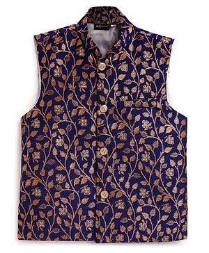 AJ Dezines Sleeveless All Over Vintage Leaf Woven Design Detailed Ethnic Jacquard Jacket - Blue