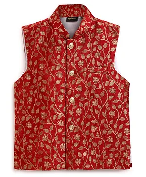 AJ Dezines Sleeveless All Over Vintage Leaf Woven Design Detailed Ethnic Jacquard Jacket - Maroon