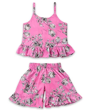 AJ Dezines Sleeveless All Over Floral & Roses Printed Ruffle Detailed Top With Coordinating Frill Shorts - Pink