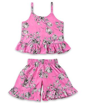 AJ Dezines Sleeveless All Over Floral & Roses Printed Ruffle Detailed Top With Coordinating Frill Shorts - Pink