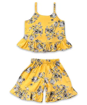 AJ Dezines Sleeveless All Over Floral & Roses Printed Ruffle Detailed Top With Coordinating Frill Shorts - Yellow