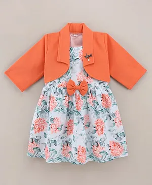 Twetoons Sleeveless Frock With Full Sleeves Jacket Floral Print - Orange