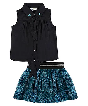 Shoppertree Sleeveless Flower Embroidered Gathered Top With Front Knot Detail & Damask Style Printed Skirt Set - Black
