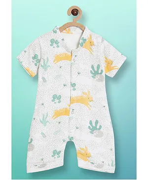 OOKA Half Sleeves Bunny & Fox Printed Romper - White