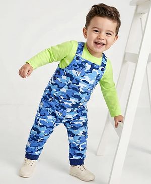 Babyhug 100% Cotton Full Sleeves Solid T-shirt and Dungaree Set - Green and Blue